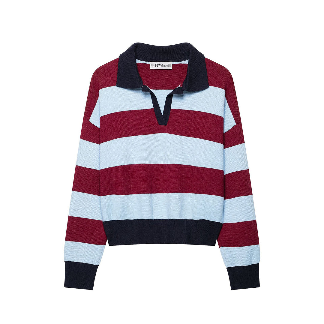 Damen Gestreifter Cropped Rugby‑Pullover mit Polokragen Drune