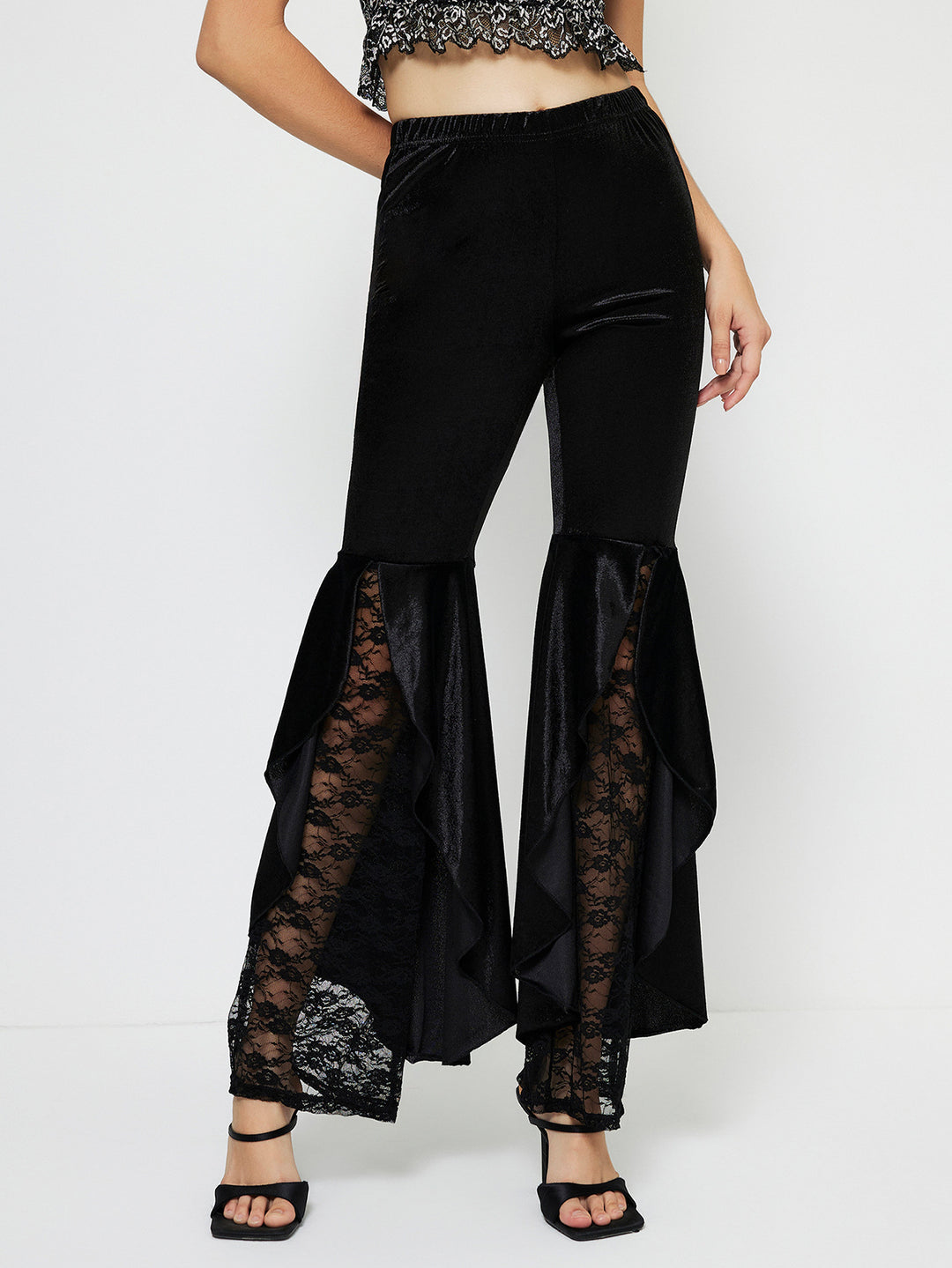 Damen elegante High-Waist Palazzo-Hose mit transparenten Spitzen-Einsätzen Drune