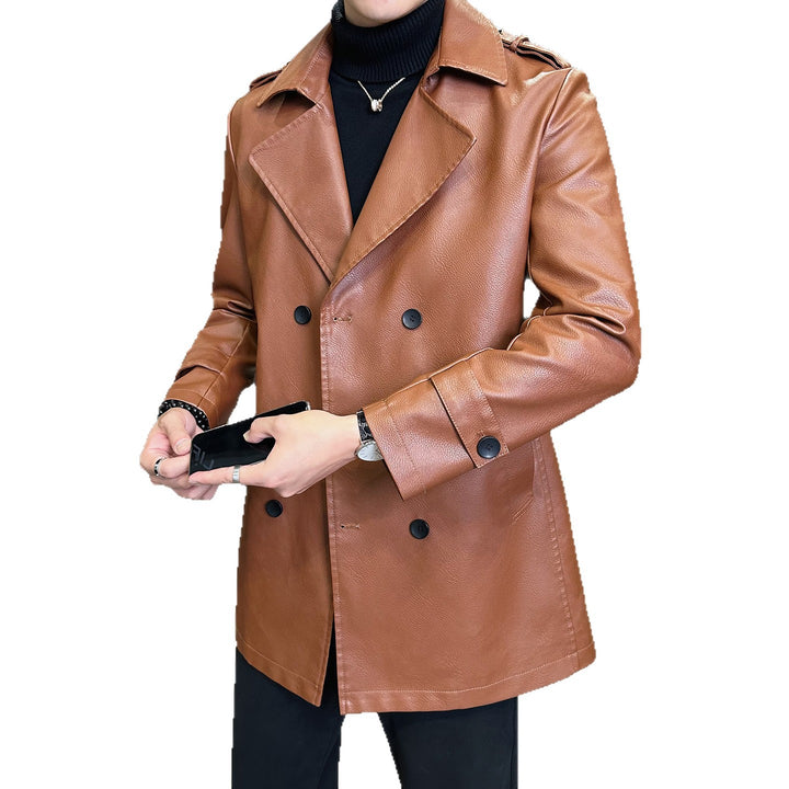 Herren Doppelreihiger Kunstleder-Trenchcoat mit markantem Revers Drune