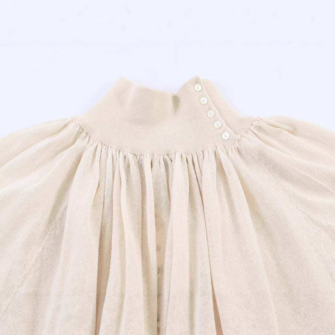 Damen Elegante Plissée-Bluse mit Stehkragen, Knopfdetail und Ballonärmeln Drune