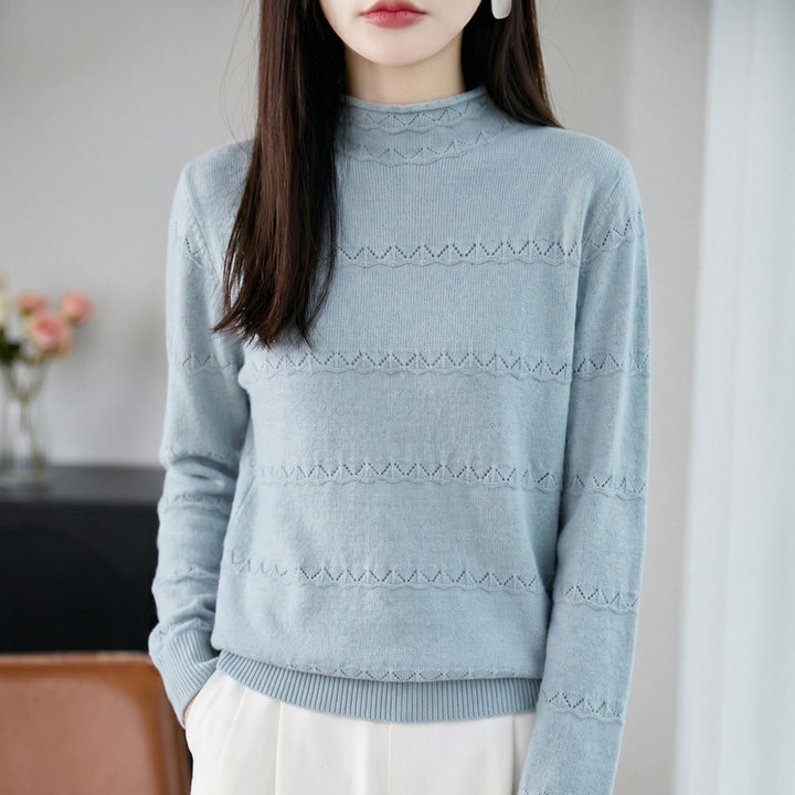 Damen Leichter Ajourstrick-Pullover mit kurzem Stehkragen und feinem Rippsaum Drune