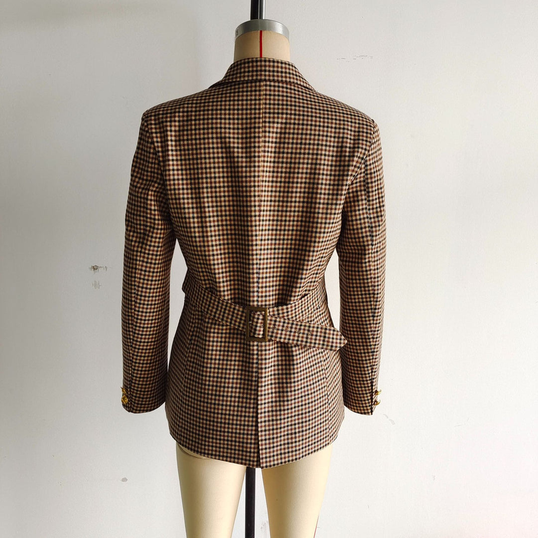 Damen nan schmal geschnittener Longblazer im Hahnentritt-Muster mit goldenen Zierknöpfen und Leistentaschen Drune