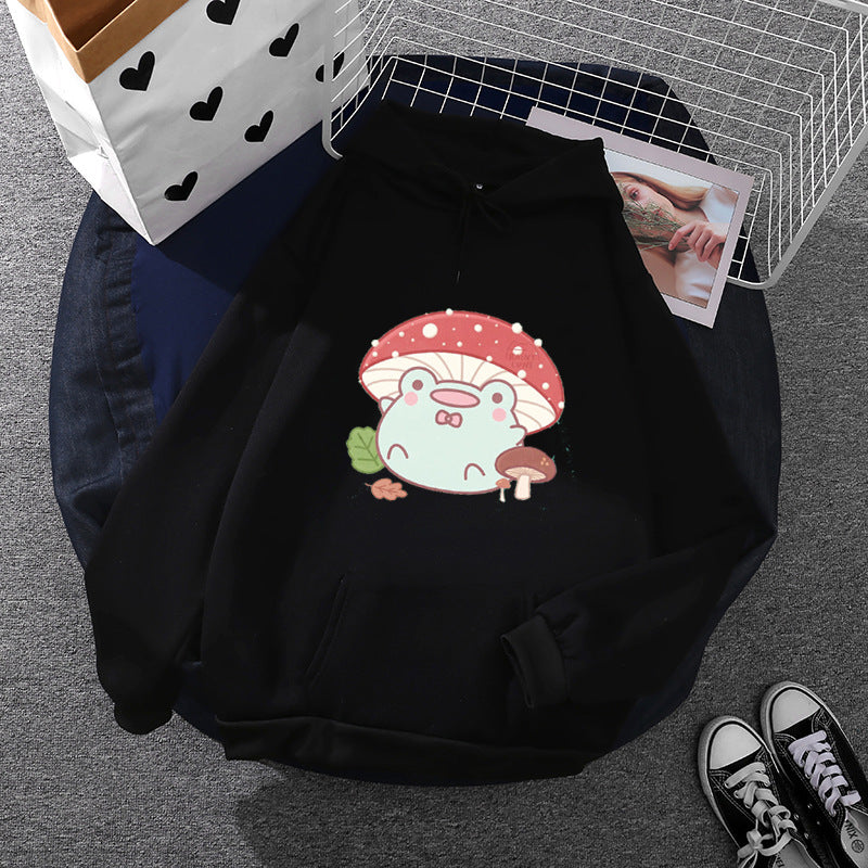 Damen nan weicher Oversize-Kapuzenpullover mit kawaii Pilzfrosch-Print, Kängurutasche und gerippten Bündchen Drune