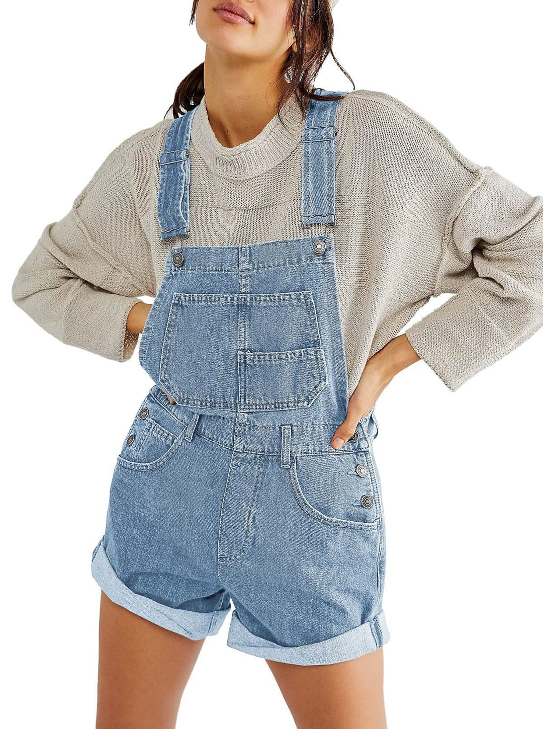 Damen Lässige Denim-Latzshorts mit funktionalen Taschen und verstellbaren Trägern Drune