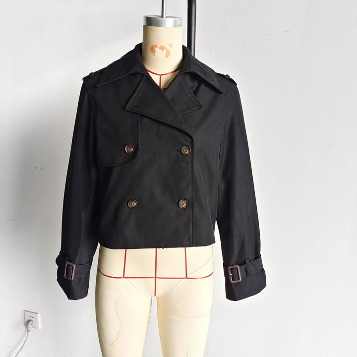Damen nan kurz geschnittene Doppelreiher Trenchjacke mit Schulterriegeln und verstellbaren Manschetten Drune