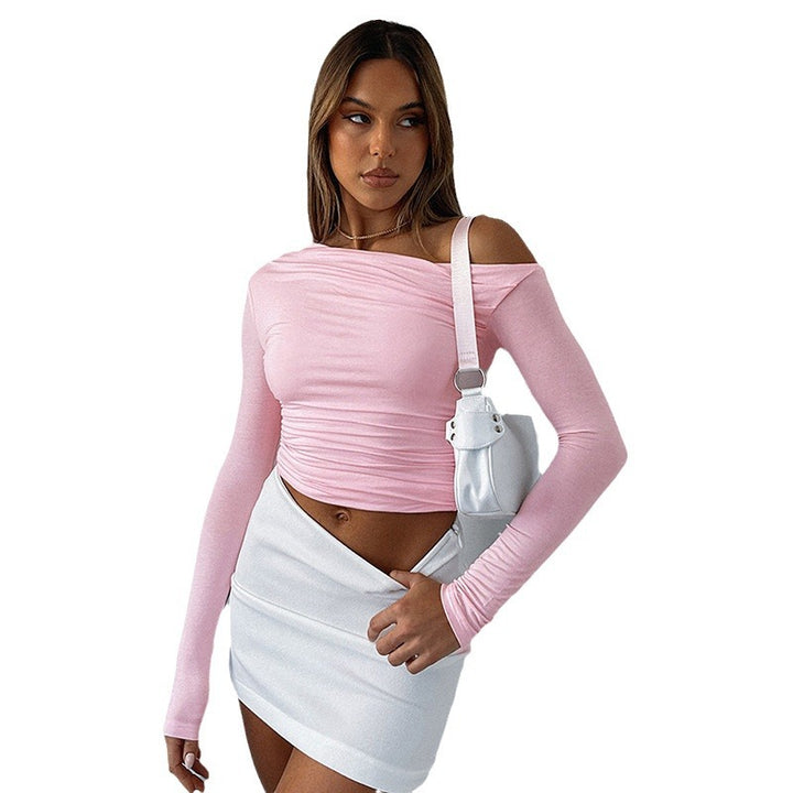 Damen schulterfreies gerafftes Cropped-Longsleeve aus Stretch-Jersey Drune