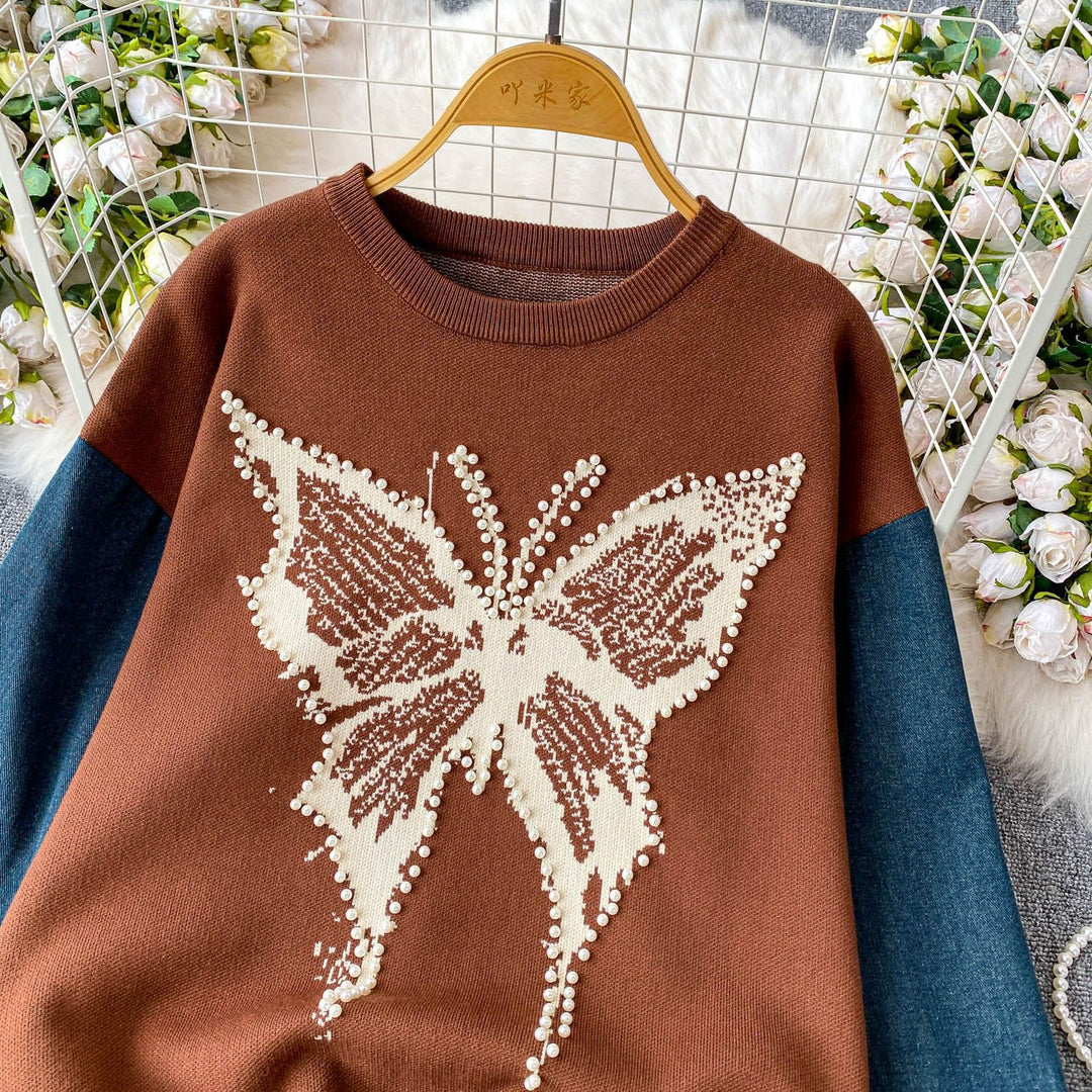 Damen Eleganter Pullover mit Schmetterlingsmotiv und Denim-Ärmeln Drune
