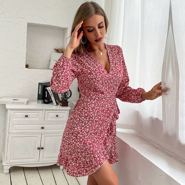 Damen Tailliertes Wickel-Minikleid mit V-Ausschnitt, langen Ärmeln und Rüschensaum Drune