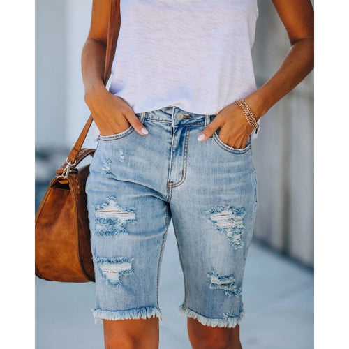 Damen Destroyed Denim Shorts im lässigen Schnitt mit fransigen Säumen Drune