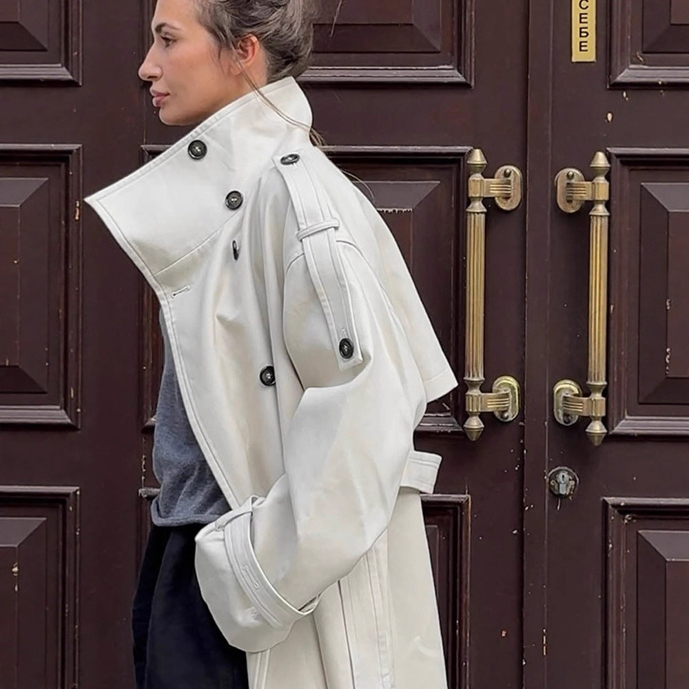 Damen tailloser Long-Trenchcoat im Oversize-Schnitt mit doppelter Knopfleiste und Schulterklappen Drune