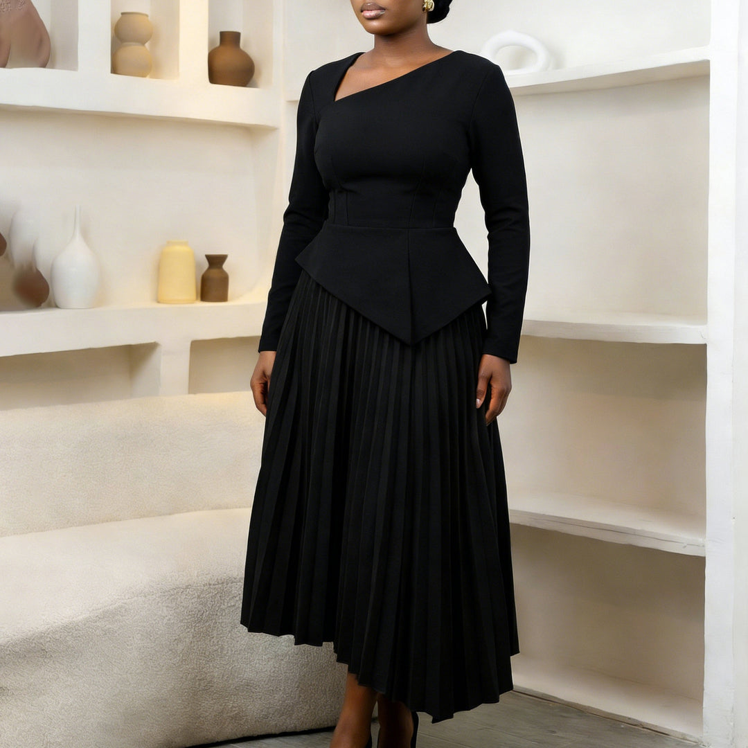 Damen Midi-Kleid mit eleganter asymmetrischer Silhouette und gefaltetem Rock Drune