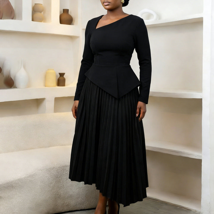 Damen Midi-Kleid mit eleganter asymmetrischer Silhouette und gefaltetem Rock Drune