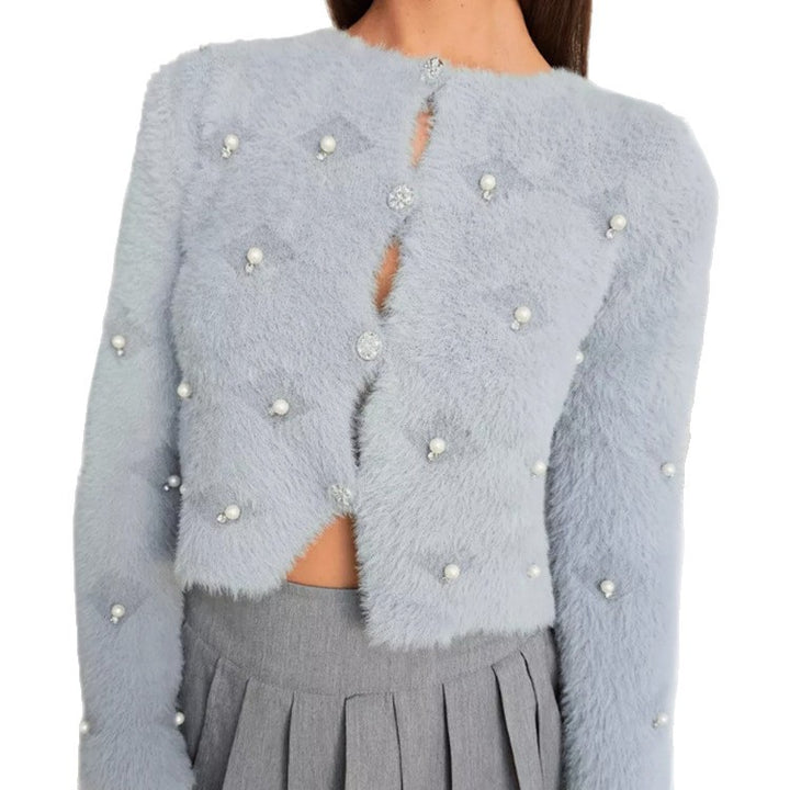 Damen Flauschiger kurzgeschnittener Perlen-Cardigan mit strassbesetzten Schmuckknöpfen Drune