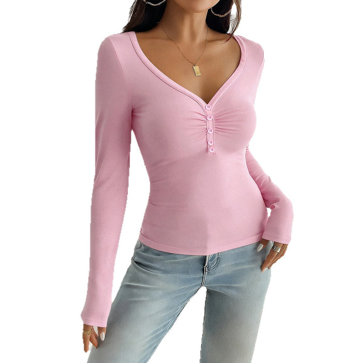 Damen nan tailliertes Langarmshirt mit geraffter Knopfleiste und tiefem V-Ausschnitt Drune
