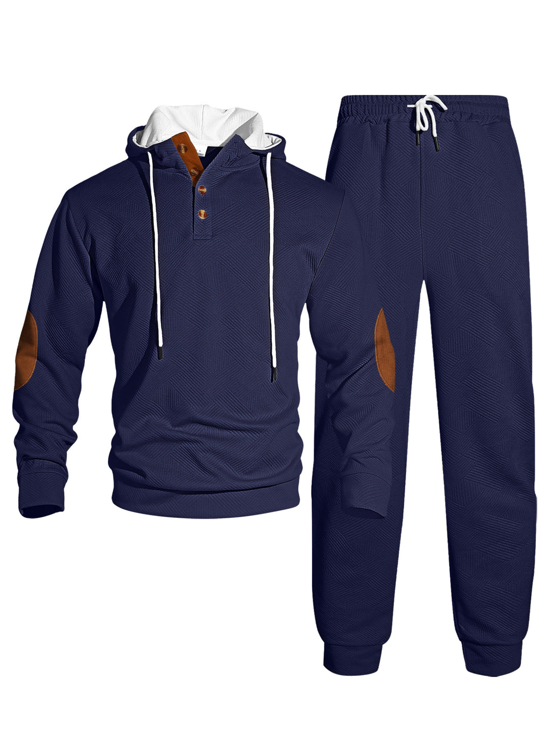 Herren nan Waffelstruktur Henley-Kapuzen-Set mit Holzknopfleiste Ellbogen-Patches und konischer Jogginghose Drune
