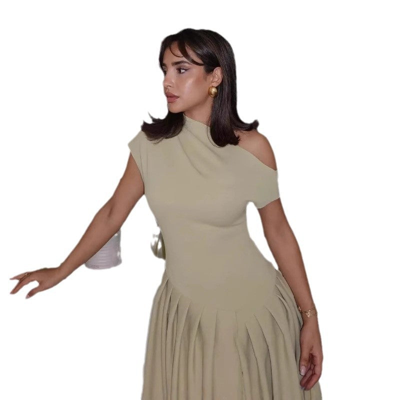 Damen elegantes Maxikleid mit asymmetrischem One-Shoulder-Design und schwingendem Rock Drune