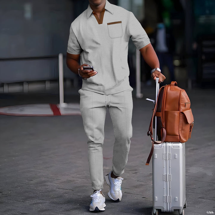 Herren nan lässiges Freizeitset aus elastischem Jersey mit V-Ausschnitt Brusttasche und Kordelbund Drune