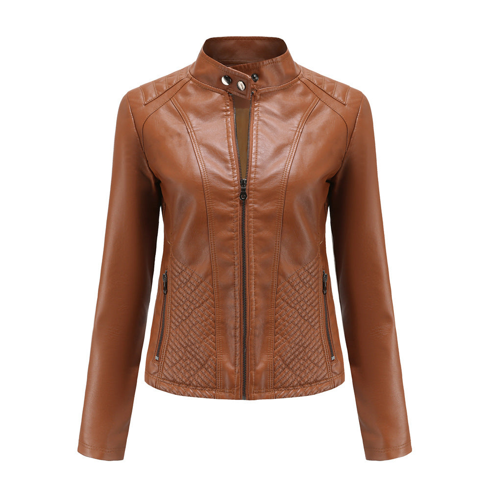 Damen nan taillierte Biker-Kunstlederjacke mit Stehkragen und gesteppter Seitenpartie Drune