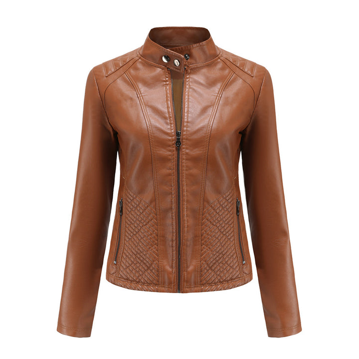 Damen nan taillierte Kunstlederjacke im Bikerstil mit Stehkragen und gesteppter Seitenpartie Drune