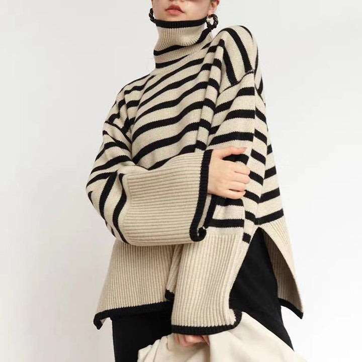 Damen Lässiger Strickpullover mit Blockstreifen und hohem Kragen Drune