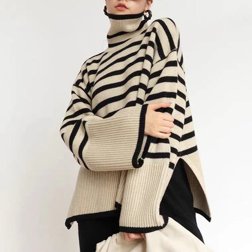 Damen Lässiger Strickpullover mit Blockstreifen und hohem Kragen Drune