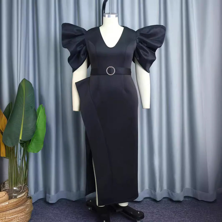 Damen elegantes Abendkleid mit voluminösen Puffärmeln und tailliertem Gürtel Drune