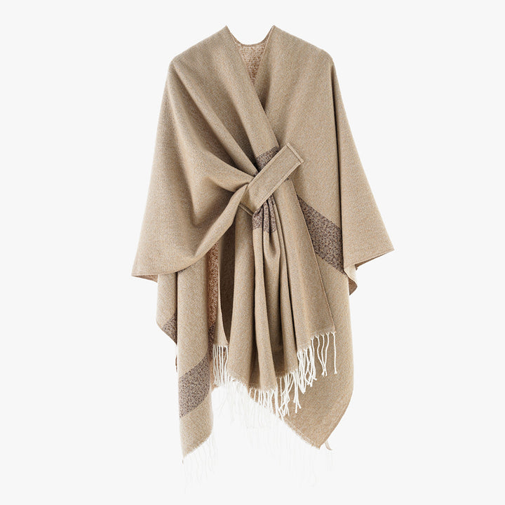 Damen Oversize-Capeponcho aus Wollmix mit diagonaler Kontrastkante und Fransen Drune