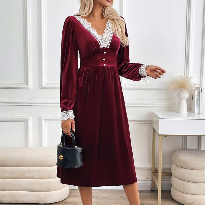 Damen Samt-Midikleid mit Spitzendekor, V Ausschnitt und taillierter Empire Silhouette Drune