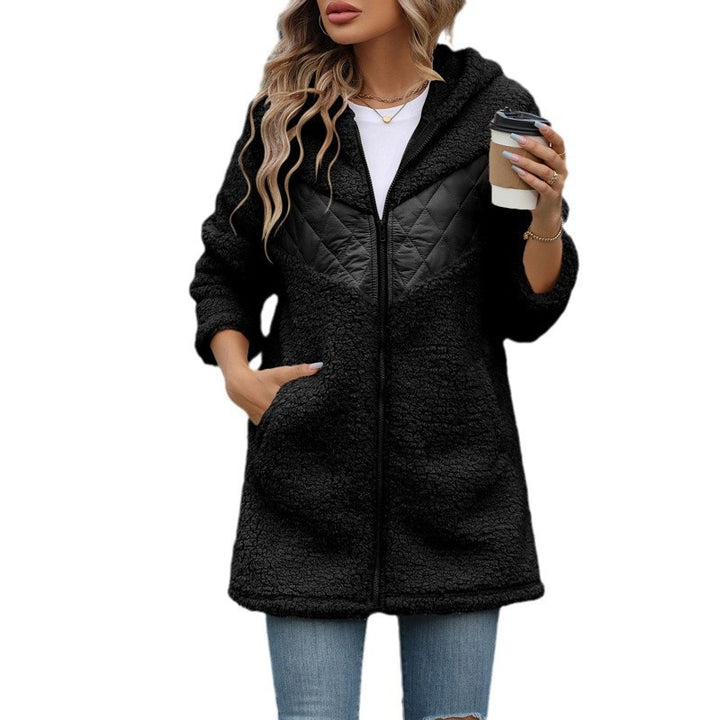Damen Plüschige Oversize-Jacke mit Kapuze und Steppdetails Drune