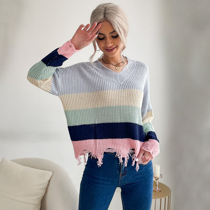 Damen Oversize V-Ausschnitt Strickpullover mit Streifendessin und ausgefranstem Saum Drune