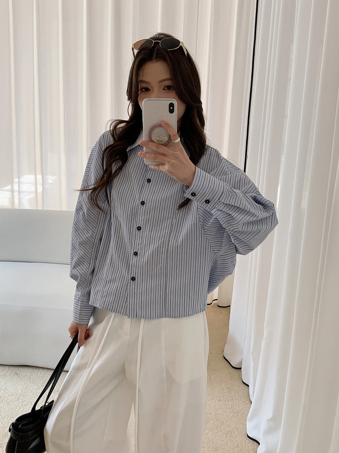Damen Oversized Hemdbluse mit Streifenmuster und Ballonärmeln Drune