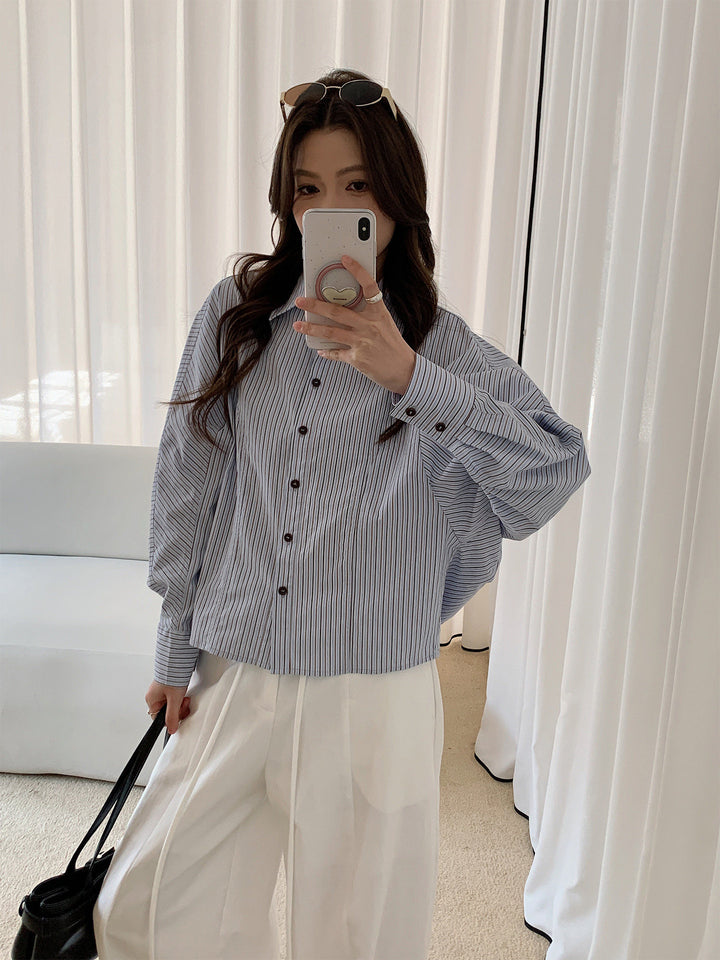 Damen Oversized Hemdbluse mit Streifenmuster und Ballonärmeln Drune