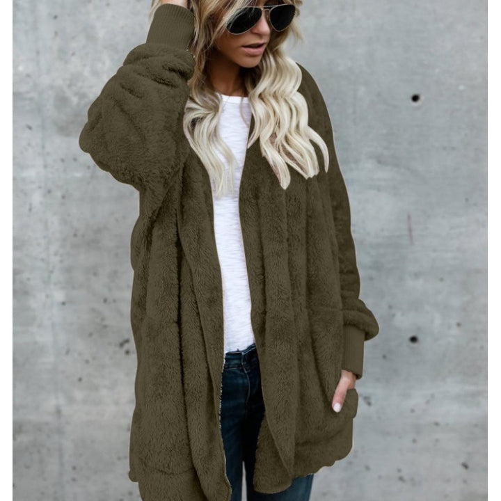Damen Oversize Teddy‑Fleece‑Mantel mit offener Front, Eingrifftaschen und Rippbündchen Drune