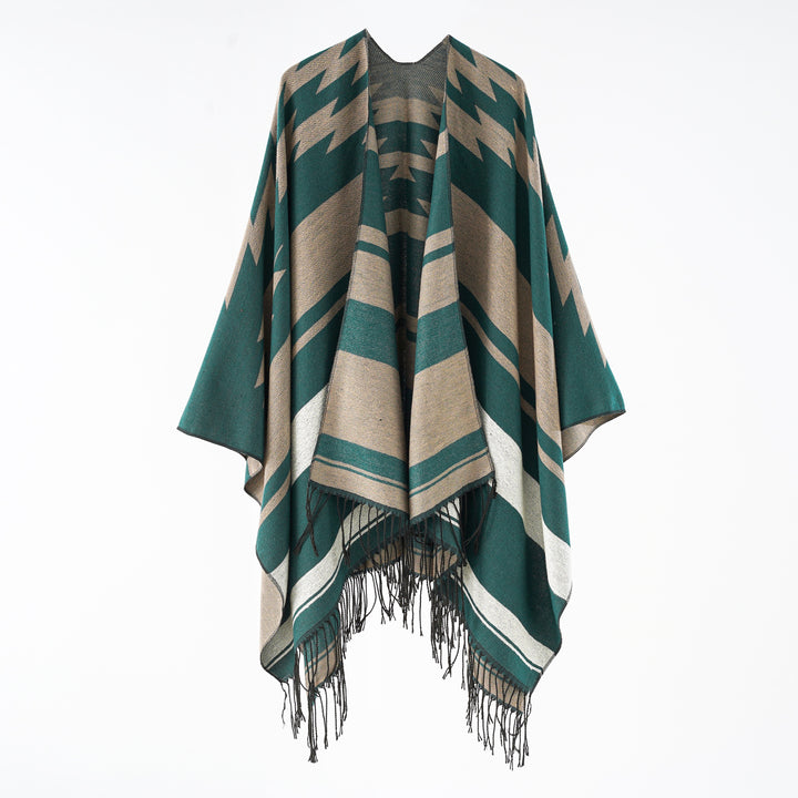 Damen Langer Reversfreier Webponcho im Umhangstil mit dezentem Zackenmuster und Fransensaum Drune