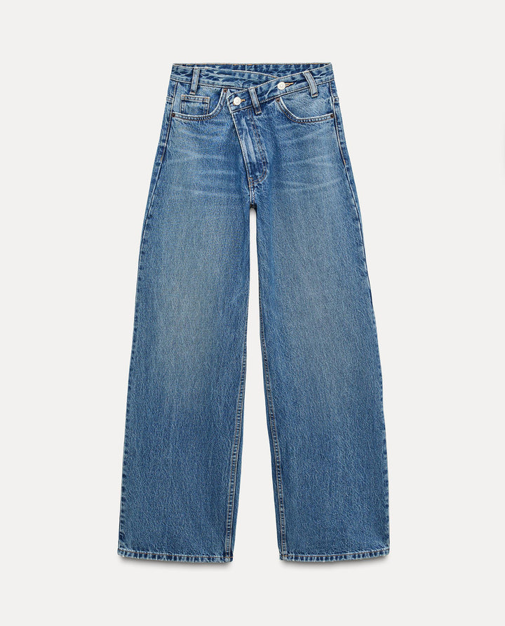 Damen Hochtaillierte weite Denim-Jeans mit asymmetrischem Bund und Culotte-Schnitt Drune