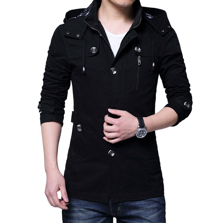 Herren leichte Baumwoll-Fieldjacke mit Kapuze, zweifachem Verschluss und Rollärmel Drune