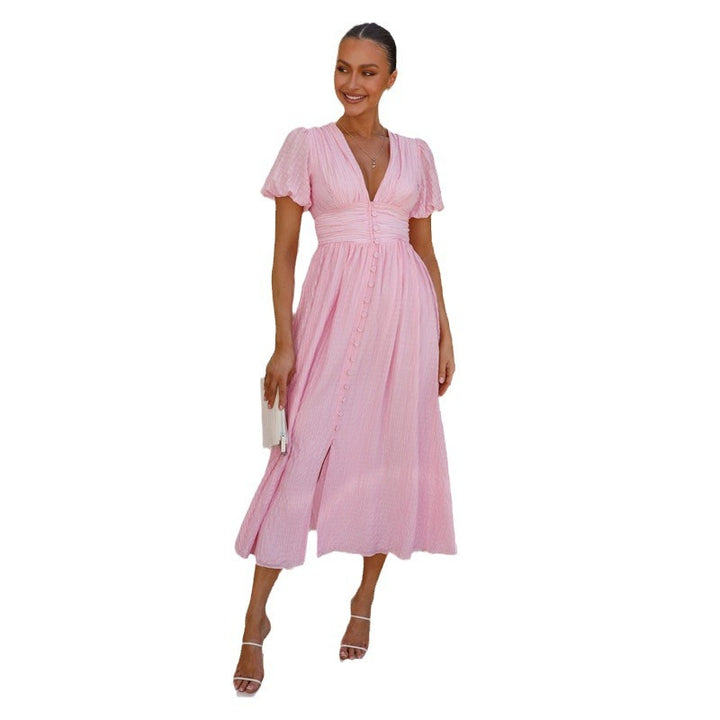 Damen Maxi-Kleid mit romantischem V-Ausschnitt und festlichem Rüschendesign Drune