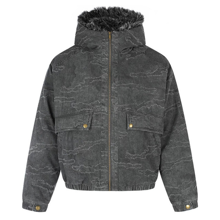 Damen Wattierte Kapuzen‑Bomberjacke mit Kunstfellbesatz, Camouflage‑Effekt und elastischem Saum Drune