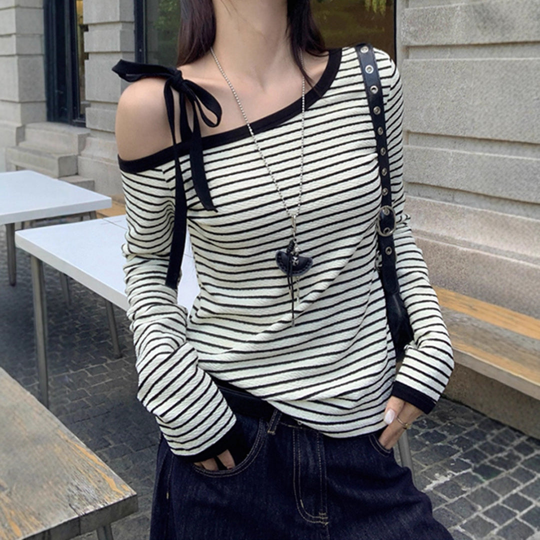 Damen schulterfreies Langarmshirt mit gestreiftem Design und dekorativen Schleifendetails Drune