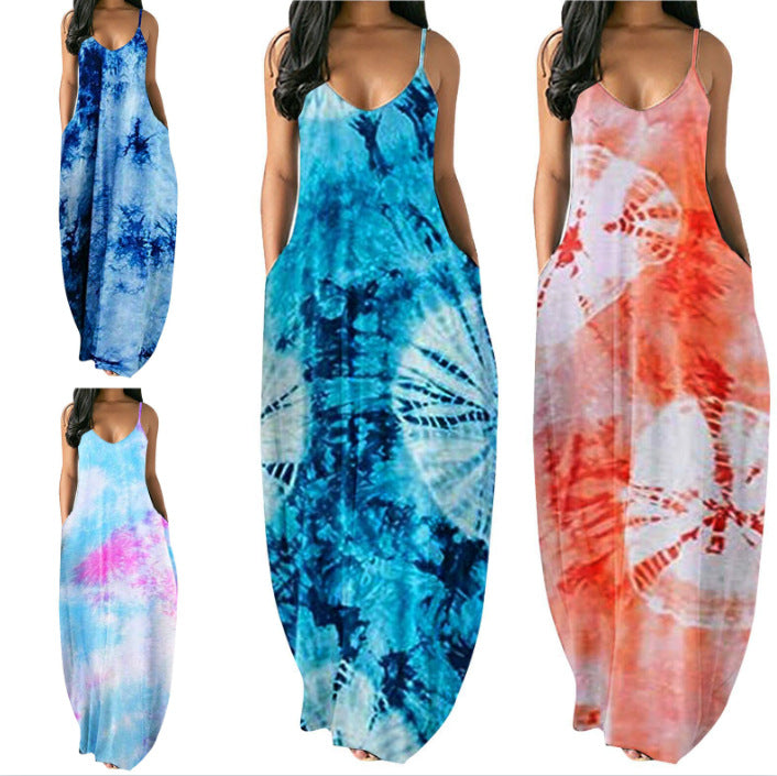 Damen Bohemian Batik-Maxikleid mit Taschen Drune