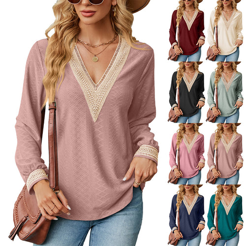 Damen Langarm Blusenshirt mit dekorativem V-Ausschnitt und Häkelelementen Drune