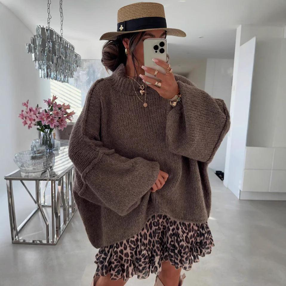 Damen oversized Strickpullover mit hohem Kragen und Ballonärmeln Drune