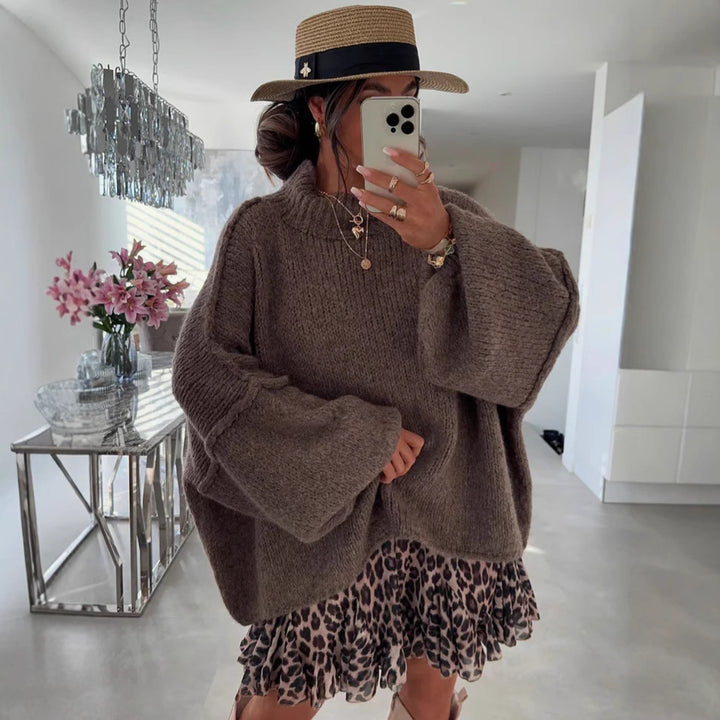Damen oversized Strickpullover mit hohem Kragen und Ballonärmeln Drune