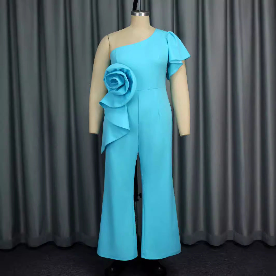 Damen eleganter Jumpsuit mit asymmetrischem Design und floraler Applikation Drune