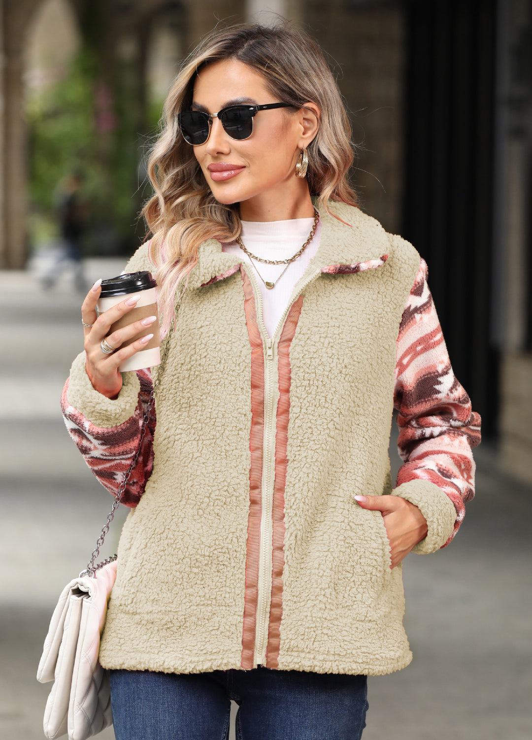 Damen kuschelige Fleecejacke mit modischem Muster Drune