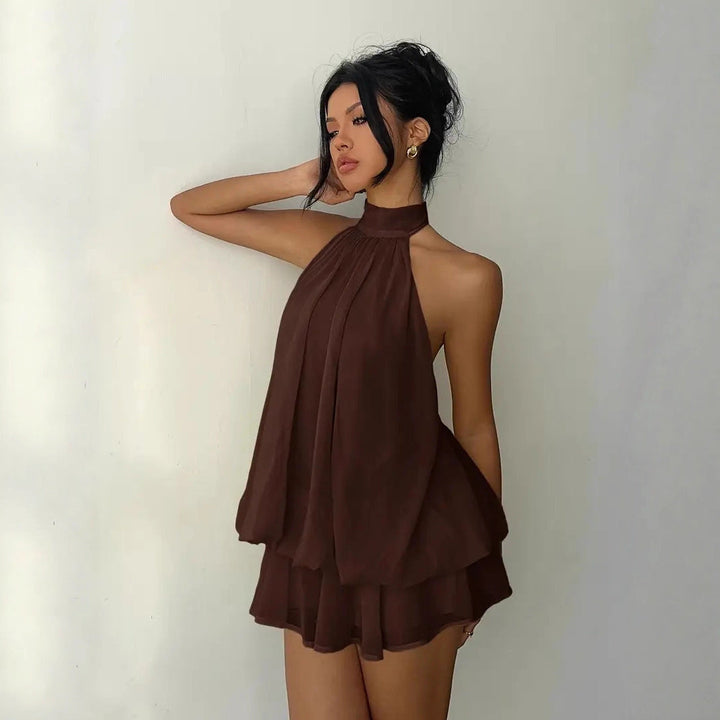 Damen lässiges Trägerkleid mit hochgeschlossenem Design und gerafftem Saum Drune