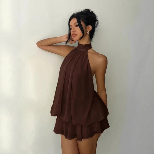 Damen lässiges Trägerkleid mit hochgeschlossenem Design und gerafftem Saum Drune