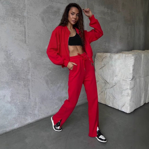 Damen weiches Velours-Zweiteiler mit kurzem Reißverschluss-Bomber und High-Waist-Hose mit Bein-Schlitz Drune