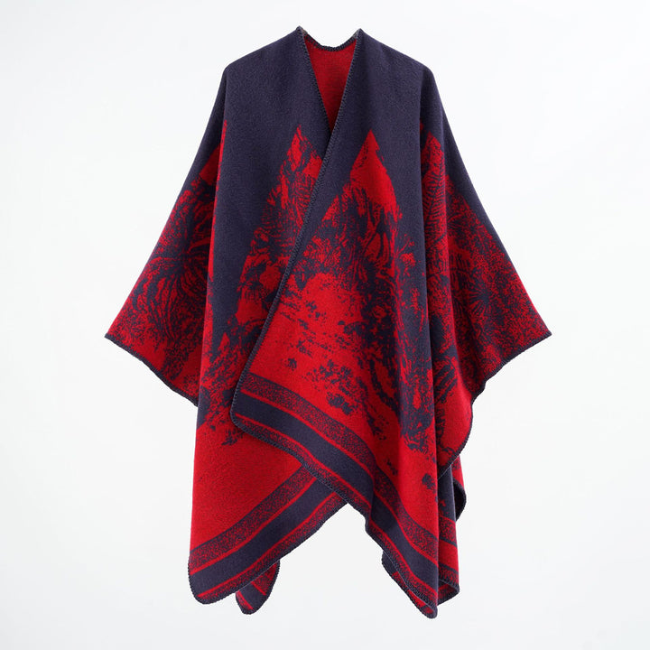 Damen Capeponcho aus Wollmix mit zweifarbiger Jacquardstruktur und Zierstichrand Drune