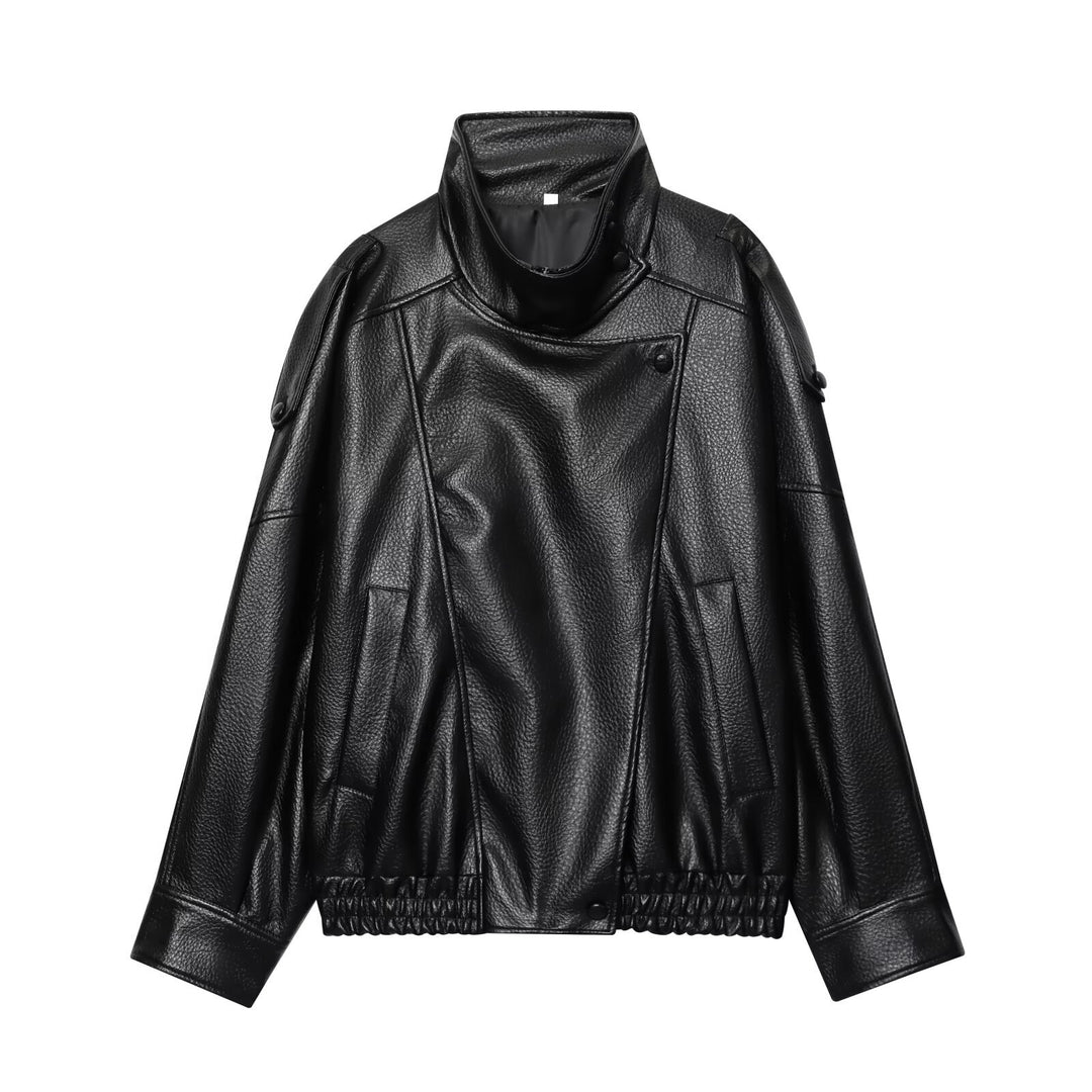 Damen Kurz geschnittener Lederblouson mit hohem Stehkragen, kastiger Silhouette und voluminösen Ärmeln Drune